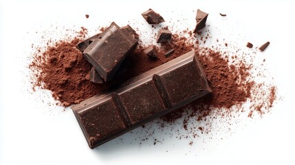 A bar of dark chocolate broken into pieces, powdery cocoa dusting, on white background
