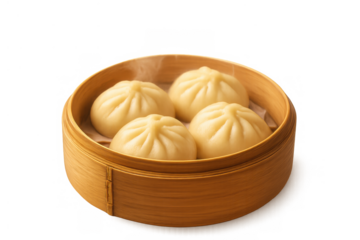 Steaming bao buns in bamboo steamer showcasing popular chinese dim sum food with transparent background