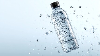 A crystal-clear water bottle with droplets, refreshing mood, isolated on bright white
