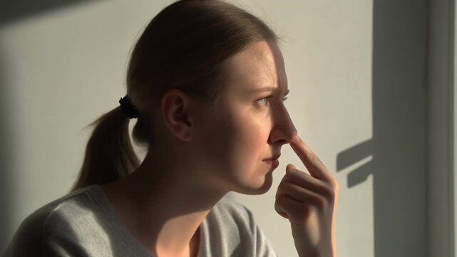 Pensive young woman with blonde hair in a ponytail touching her nose thoughtfully while looking out a sunlit window with shadows casting dramatic patterns on the wall