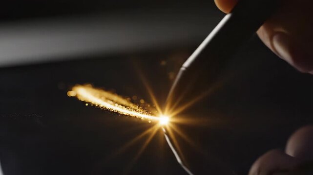 Closeup of stylus drawing glowing golden spark trails on dark surface. Sequence shows initial dot to straight line and curving arc. Digital creation concept for technology and advertising innovation.