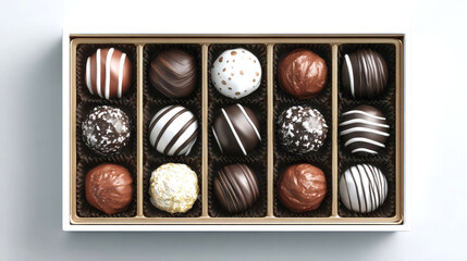 Box of assorted gourmet chocolate truffles. Luxury confectionery collection on a white background. Top view flat lay of delicious sweets and desserts