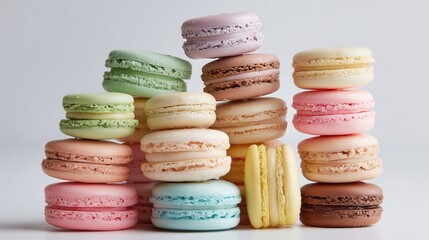 Colorful assorted macarons stacked neatly, pastel tones, crisp shadows on white backdrop
