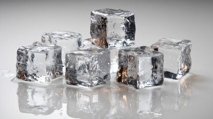 Crystal-clear ice cubes stacked with reflections, ultra-high precision on white