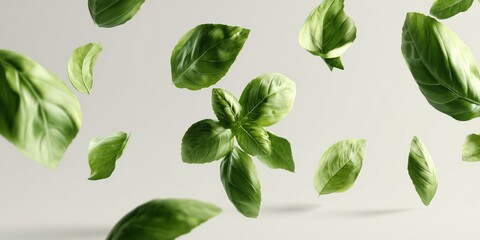 Fresh basil leaves floating in the air, aromatic texture, soft shadows on white