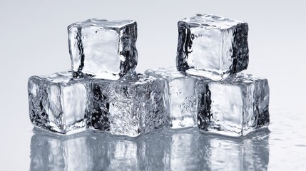 Crystal-clear ice cubes stacked with reflections, ultra-high precision on white