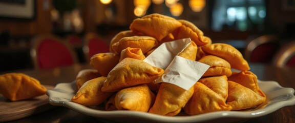 A heaping plate of golden fried empanadas. Traditional savory pastry appetizer from Latin American cuisine. Delicious snack served on a tabletop