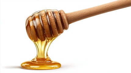 Pouring golden honey from a wooden dipper, thick streams mid-air, isolated on white
