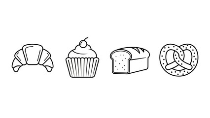 Line art illustration of various bakery items arranged in a neat row displaying culinary delights