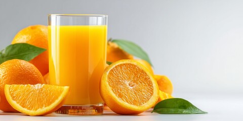 Transparent glass of orange juice with fresh sliced oranges around, clean white backdrop