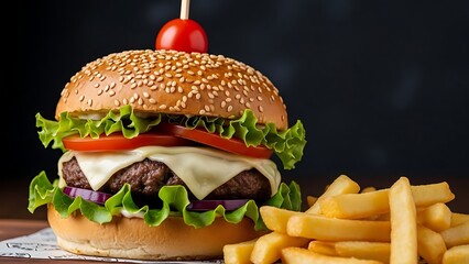 Juicy gourmet burger with melted cheese and fresh lettuce served with golden french fries
