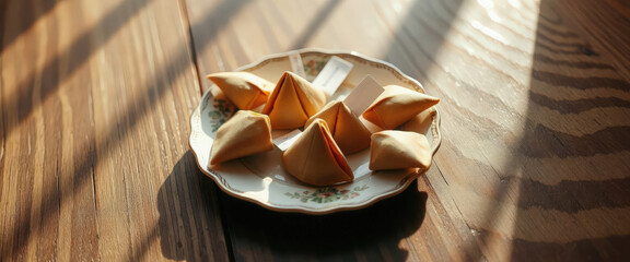 A plate of fortune cookies on a wooden table in dramatic sunlight. Traditional dessert symbolizing luck, destiny, and the future