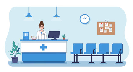 A friendly female receptionist welcomes patients at a modern hospital reception desk in a clean, minimalist vector illustration.