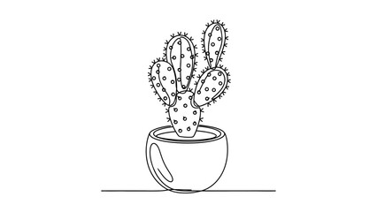 Minimalist black line art of potted cactus plant for modern design projects