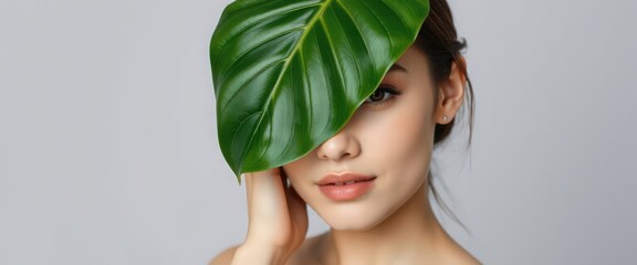 A young woman with perfect skin holding a green tropical leaf over her face. Natural beauty and organic skincare concept for a spa or wellness banner