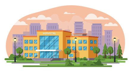 A vibrant vector illustration showcases a modern hospital building, set against a cityscape with trees, offering a clean, inviting, and professional healthcare environment.
