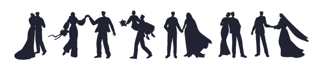 Wedding couple silhouette set. Abstract black figures, bride and groom at marriage ceremony. Newlyweds marry, husband and wife shadows. Flat vector illustrations isolated on white background