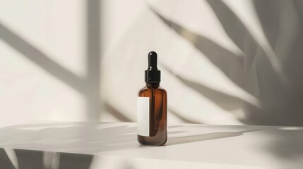Brown amber glass dropper bottle mockup for cosmetic products. Natural skincare serum with plant shadows. Minimalist beauty product concept with copy space on a blank label
