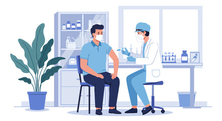 A masked medical professional administers a vaccine injection to a male patient sitting in a doctor's office, emphasizing public health and immunization efforts.