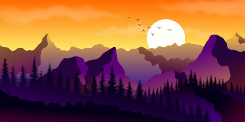 A landscape with a forest, mountains, sun and clouds at sunset. The landscape is in orange and purple tones.
