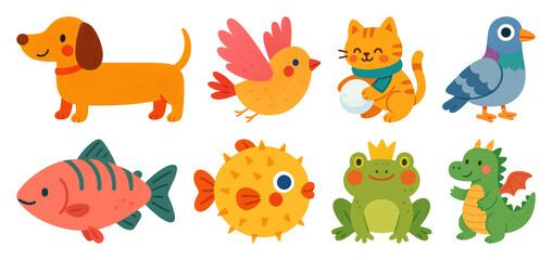 Obraz premium PNG Colorful cartoon animal illustrations, element set on transparent background