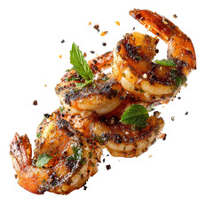 delicious grilled shrimps with herbs falling isolated on transparent background