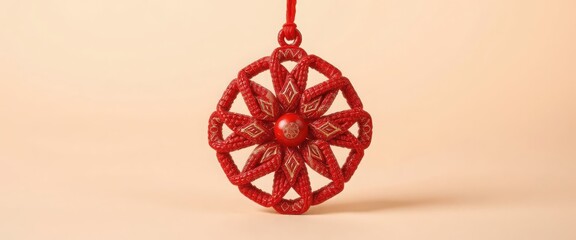 A traditional red and gold woven chinese knot ornament. Intricate handmade craft decoration for good luck and prosperity. Asian culture and festive celebration concept with copy space