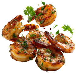 delicious grilled shrimps with herbs falling isolated on transparent background
