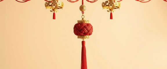 Red and gold Chinese lanterns hanging as festive decorations. Traditional ornaments for Chinese New Year celebration. Minimalist background with copy space for text