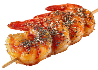 delicious grilled shrimps on skewer with herbs isolated on transparent background
