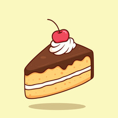 Cute Chocolate Cake Slice Cartoon Illustration with Cherry