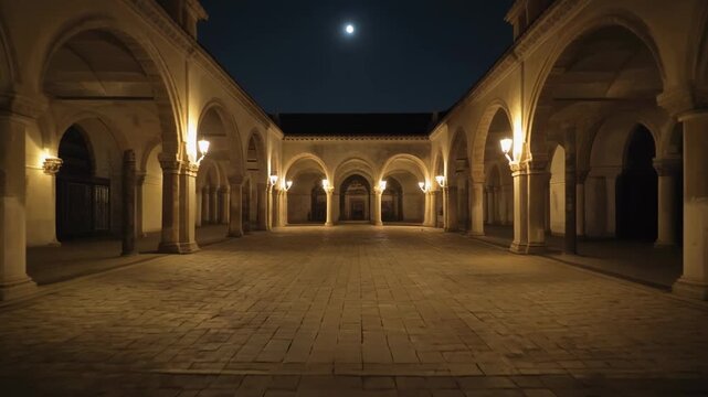 Moonlit cloister courtyard with ancient stone arches and columns illuminated by warm light creating a serene and historic atmosphere at night