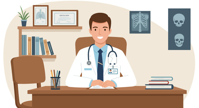 A friendly doctor sits at his desk in a well-lit office, ready to assist patients with their healthcare needs, offering a sense of trust and expertise.