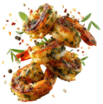delicious grilled shrimps with herbs falling isolated on transparent background