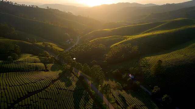 Experience the serene golden hour glow illuminating vast, lush tea plantations, highlighting sustainable cultivation practices across breathtaking natural vistas