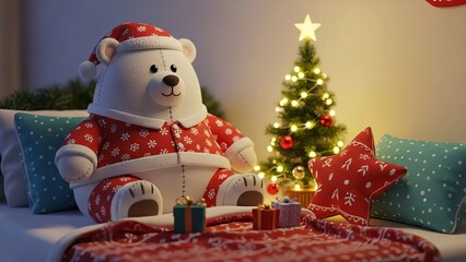 Plush Polar Bear in a Cozy Christmas Bedroom