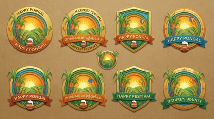Pongal festival badge evokes warmth and joy with sunrise over paddy fields and sugarcane.