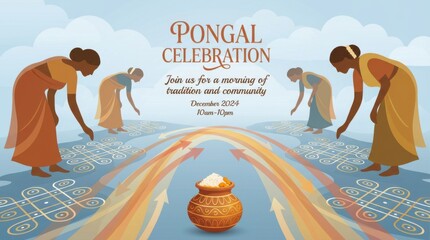 Vibrant abstract event invitation card featuring women creating intricate kolam patterns at sunrise.