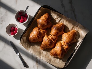 A tray of freshly baked croissants on parchment paper, accompanied by two bowls of raspberries and a knife on a marble countertop.