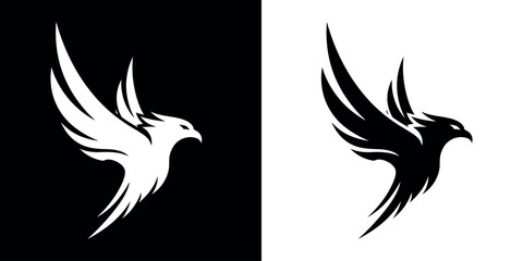 Minimalist stylized bird logo resembling a soaring eagle or phoenix isolated on black & white background