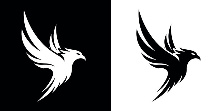 Minimalist stylized bird logo resembling a soaring eagle or phoenix isolated on black & white background