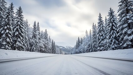Snowy road lined with evergreen trees under a cloudy winter sky