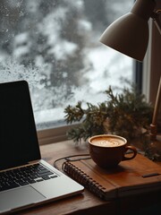 A cozy winter workspace with a laptop, a warm coffee, and festive decor overlooks a snowy window view. This inviting scene creates a perfect atmosphere for working from home during the holidays.