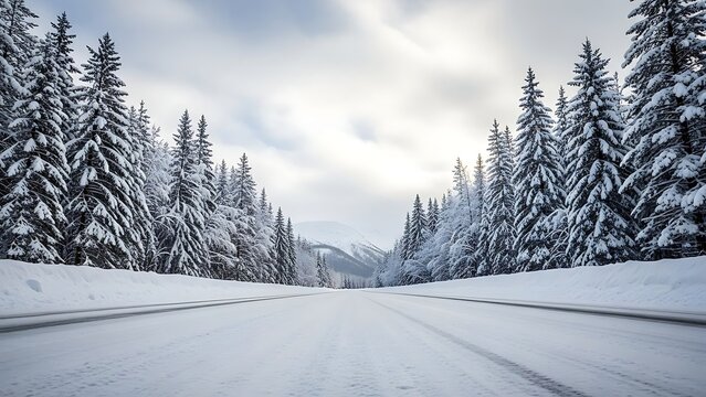 Snowy road lined with evergreen trees under a cloudy winter sky