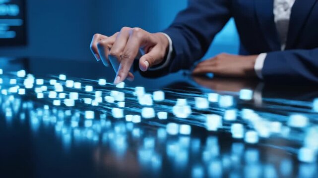 Woman demonstrating camera movement tracking on holographic interface. Digital hand gestures interacting with blue glowing lights. Futuristic technology for advertising concepts.