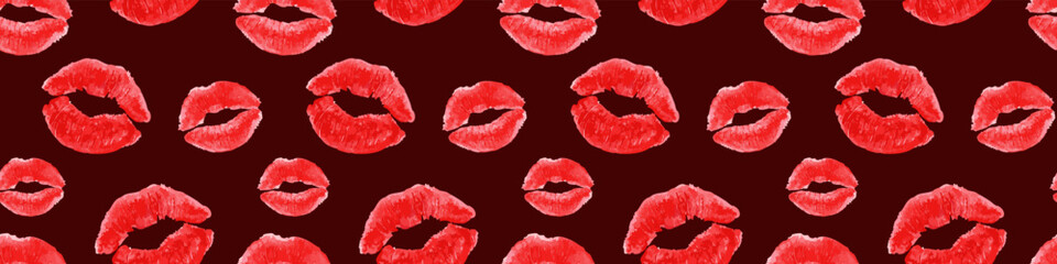Red Lipstick Kiss Pattern on Dark Background – Seamless Lip Print. Perfect for Valentine’s Day, romantic designs and packaging