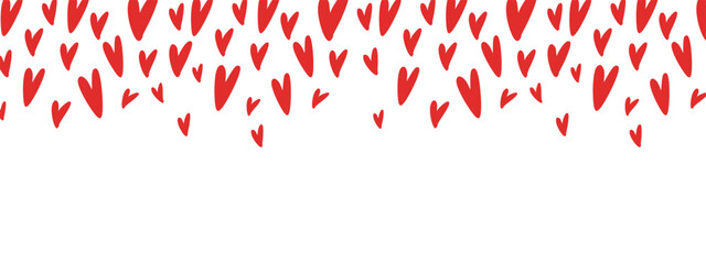 Red hearts falling from the top forming a romantic Valentine’s Day border. Modern love-themed background for cards, posters, invitations and social media designs