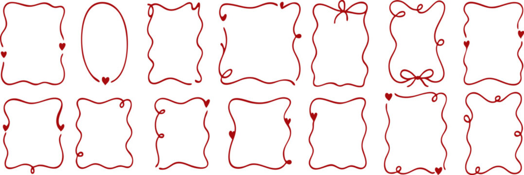 Set of hand-drawn Valentine&rsquo;s Day frames with hearts and romantic lines. Cute doodle borders for love cards, invitations, posters and February 14 designs