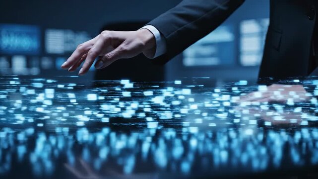 Man gesturing over holographic blue data points on desk in dim office. Smooth camera tracking movement captures interaction with digital interface for technology advertising concepts.