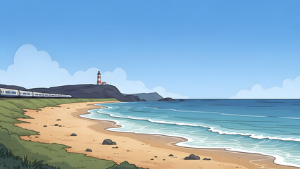 Pixel art illustration of a sunny beach with ocean wave and lighthouse view
